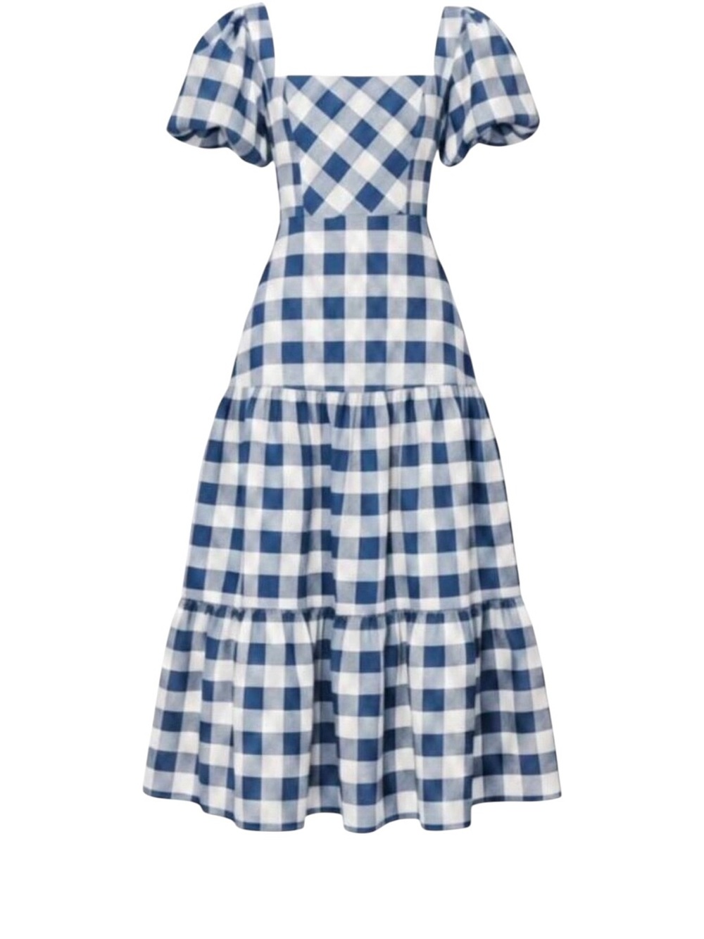Hunter Bell Cassidy Gingham Short Puff Sleeve Square Neck Tiered Midi Dress - Picture 1 of 6